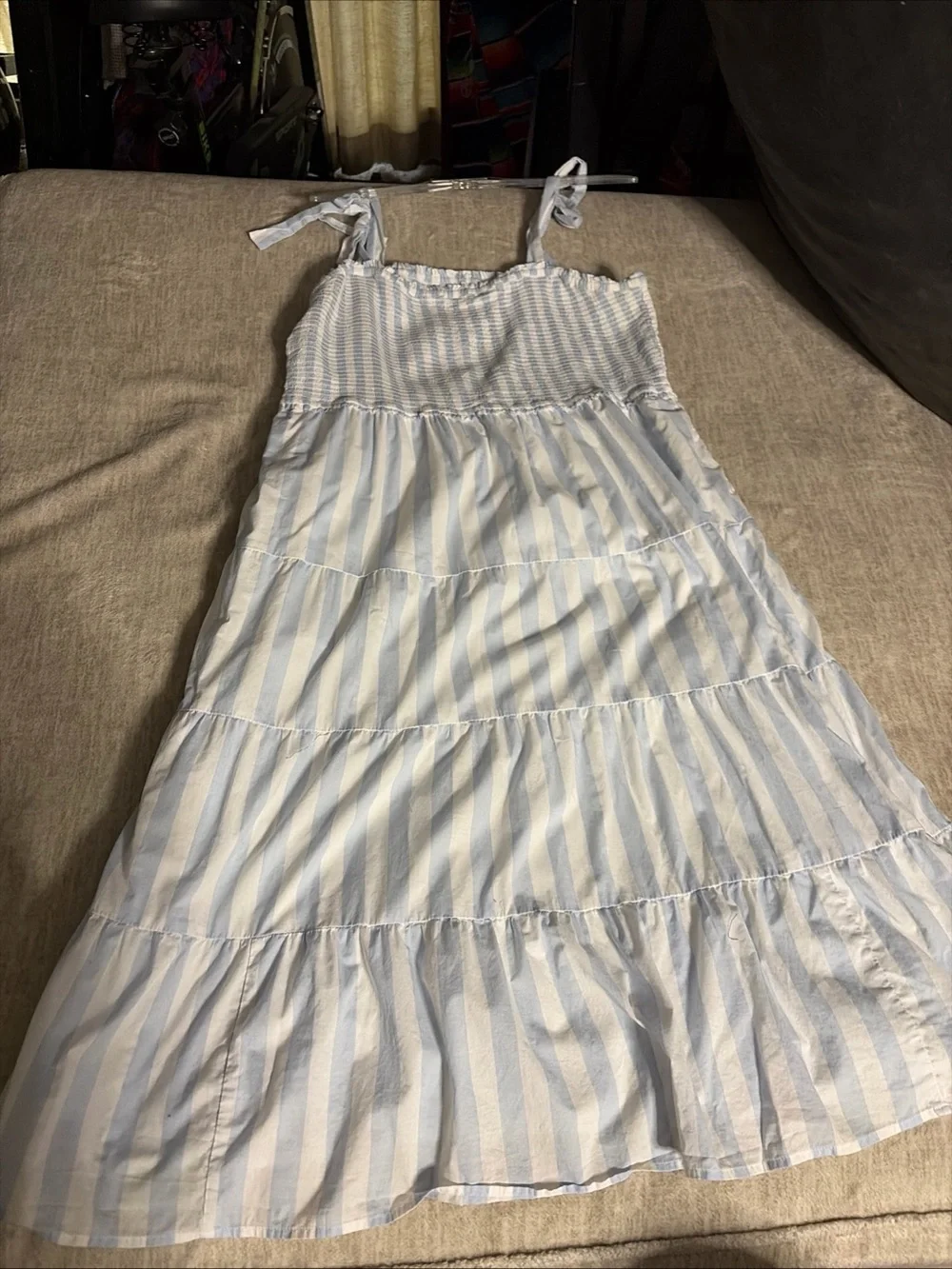 J Crew Light Blue & White Striped Tiered Shoulder Maxi Dress XXL